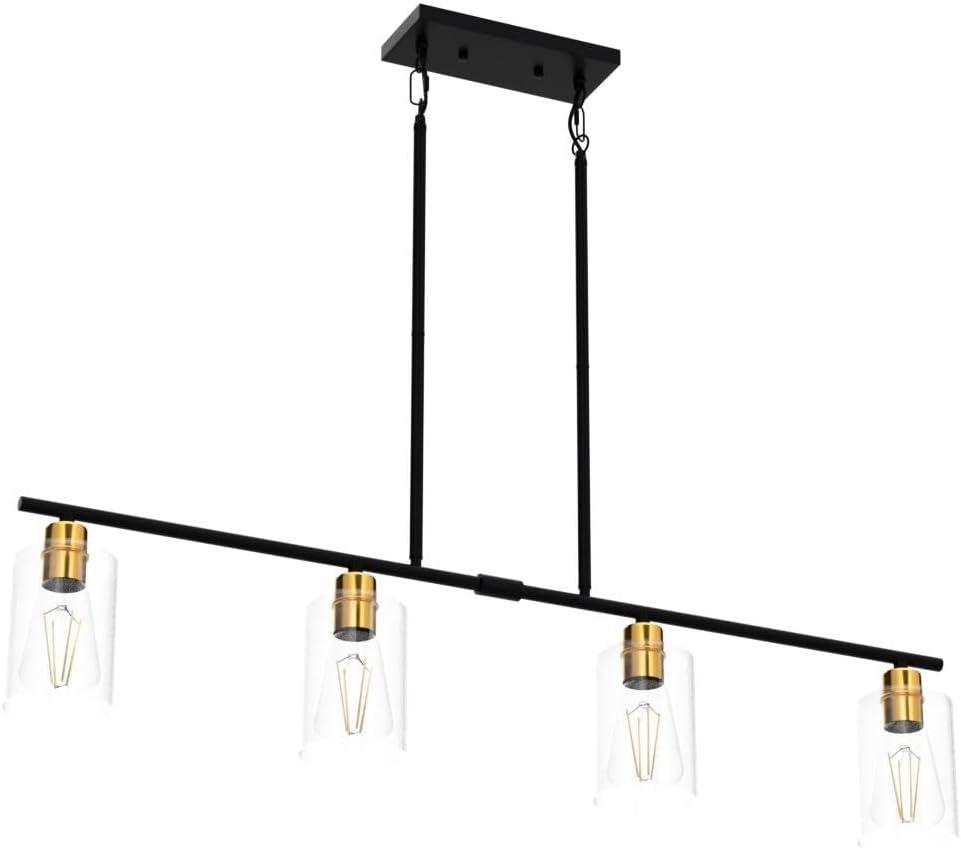 Black and Gold 4-Light Linear Kitchen Island Pendant with Glass Shades