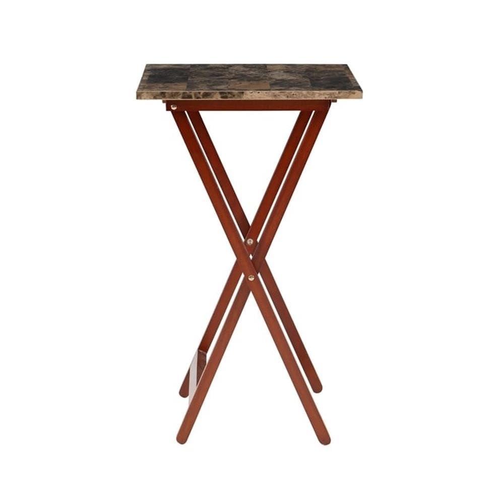 Brown Faux Marble and Rubberwood Folding Tray Table Set