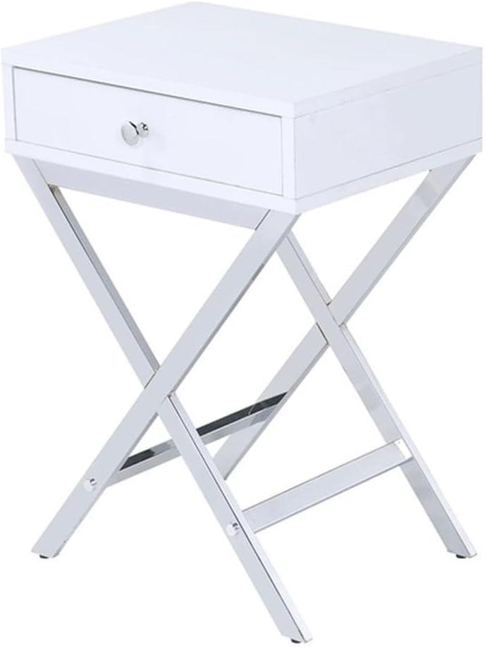 16" Coleen Accent Table White/Chrome Finish - Acme Furniture: Brass Base, Drawer Storage, No Assembly Required