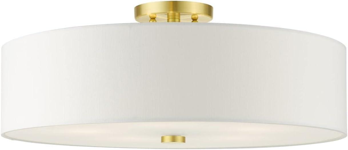 Satin Brass 5-Light Semi-Flush Drum Ceiling Fixture with Off-White Shade