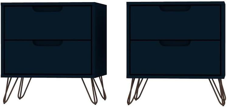Set of 2 Rockefeller 2 Drawer Nightstands Tatiana Midnight Blue - Manhattan Comfort: Modern Splayed Metal Legs, MDF