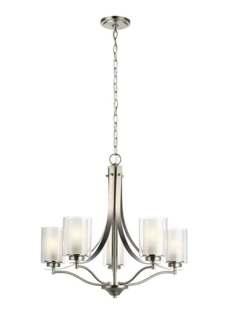 Elmwood 5-Light Brushed Nickel Modern Transitional Hanging Candlestick Chandelier with Satin Etched Glass Shades