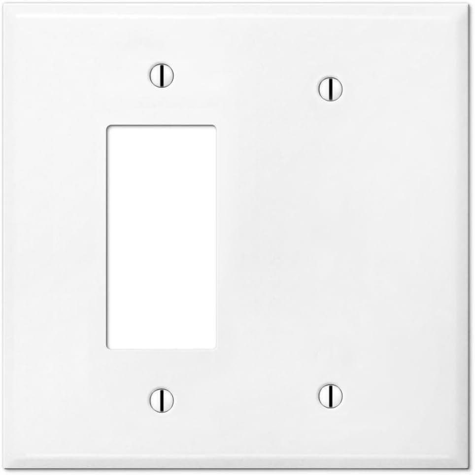 OVERSIZED 2 Gang Metal Combination Switch Plate, 1 Blank and 1 Decora Style Opening Combo Oversize Wall Plate, JUMBO Combo Rocker and Blank Wall Plate - White - UL Listed, 5.5" x 5.5" - Made in USA