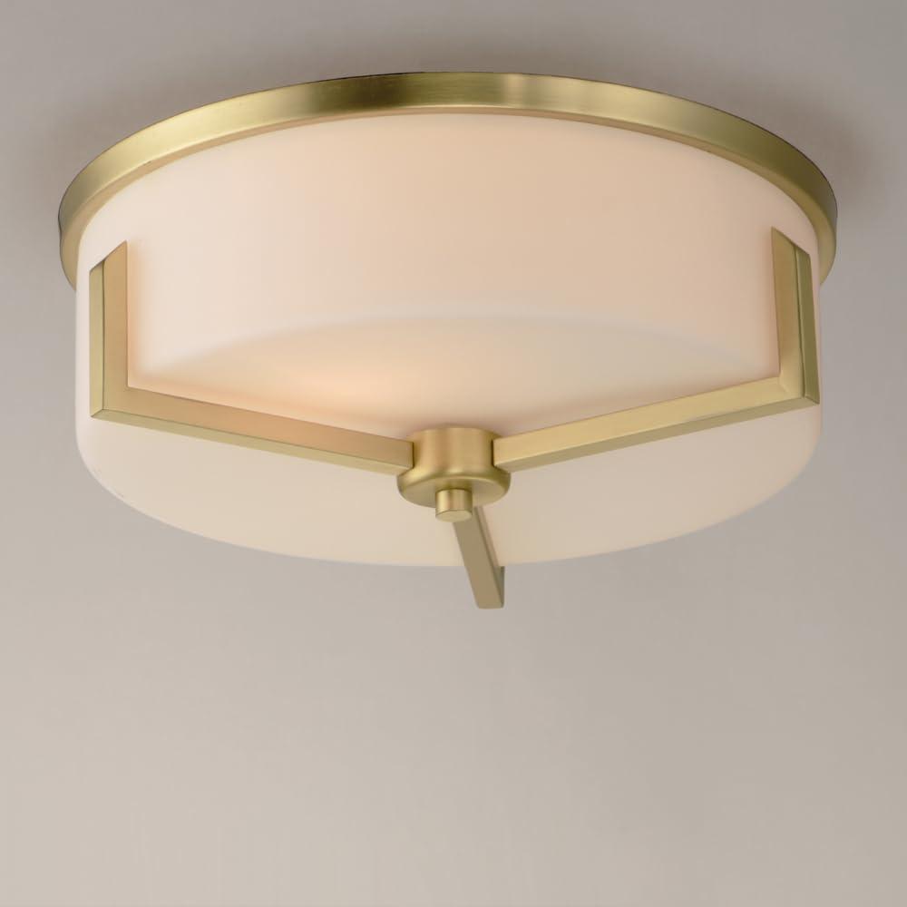 Satin Brass and White Glass 3-Light Drum Flush Mount