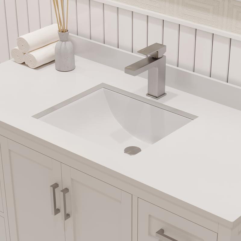 Ayna Decors Rooh 24 in White Bathroom Vanity Set with White Quartz Countertop | Ceramic Sink | 2 Soft Closing Doors | 1 Full Extention Soft Close Drawer | Brushed Nickel Hardware | AVR24WH3002