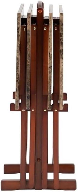 Brown Faux Marble and Rubberwood Folding Tray Table Set