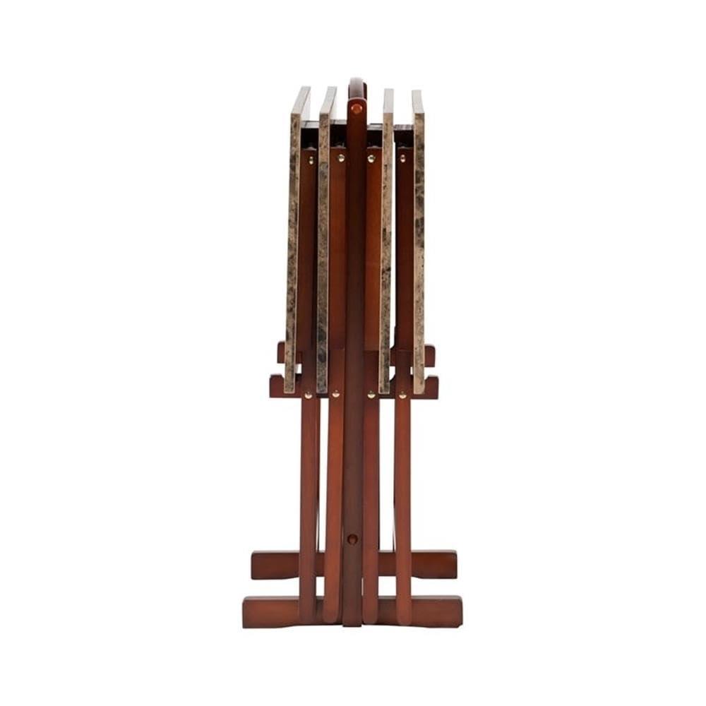Brown Faux Marble and Rubberwood Folding Tray Table Set