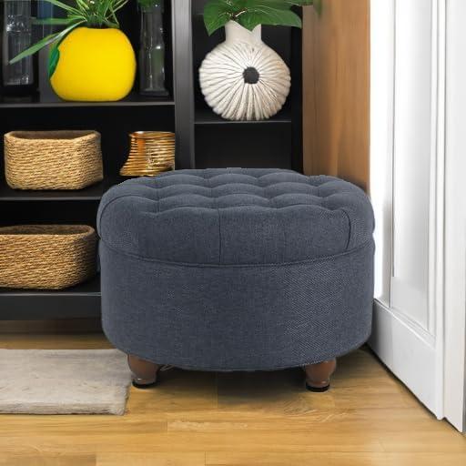 Large Tufted Round Storage Ottoman Navy - HomePop