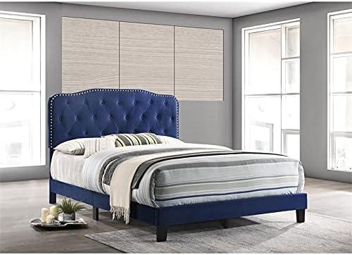 Navy Velvet Full/Double Bed with Silver Nailhead Trim and Tufted Headboard