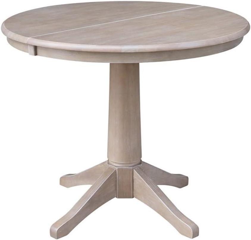 36" Magnolia Round Top Dining Table with 12" Leaf Washed Gray Taupe - International Concepts: Hardwood Pedestal Base, Seats 4