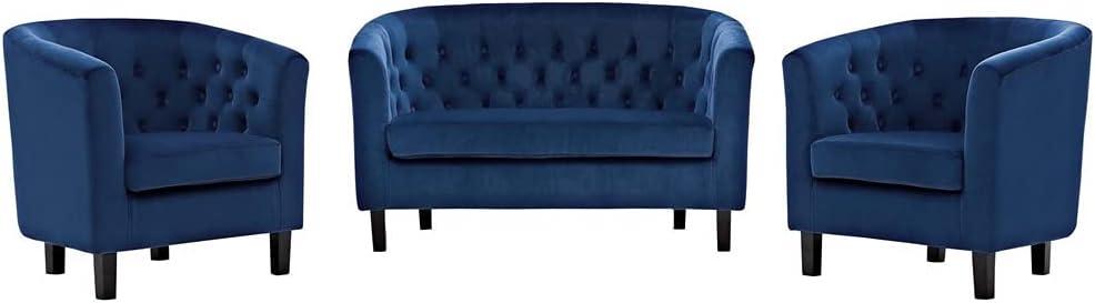 Modway Prospect Juego de Sillón y Sofá de Dos Plazas de Terciopelo de Alto Rendimiento de 3 Piezas en Azul Marino