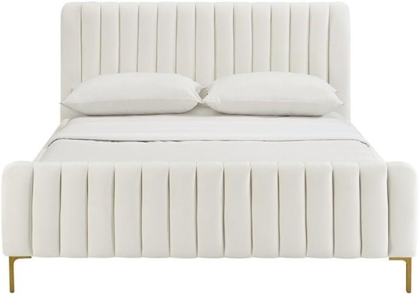 Maklaine 41.7"H Transitional Velvet Upholstered Queen Bed in Cream