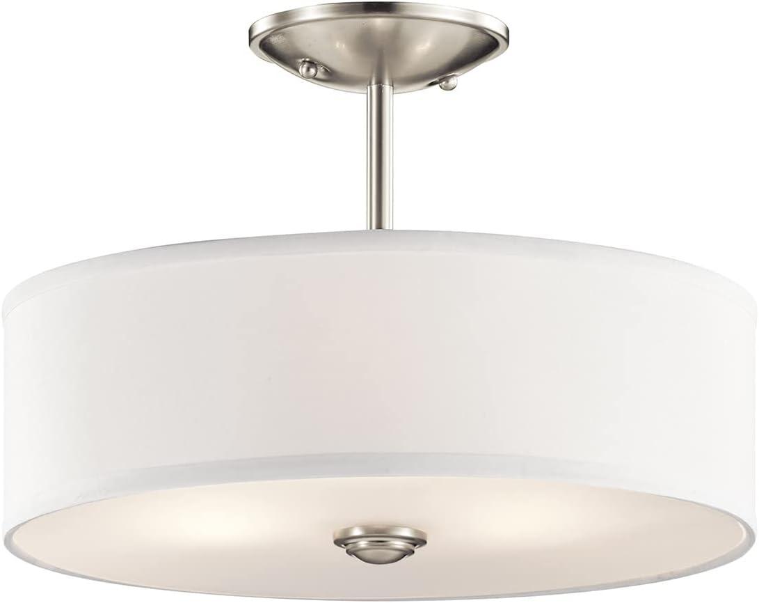 Shailene 14" 3 Light Round Semi Flush with Satin Etched White Diffuser and White Microfiber Shade in Brushed Nickel