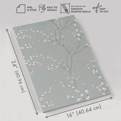 Main Street 8-Pack 16" x 24" Wallpaper Panels. Sage Green Floral Peel and Stick Wallpaper Sheets in West Coast Branch Print. Renter-Friendly Wallpaper for Home