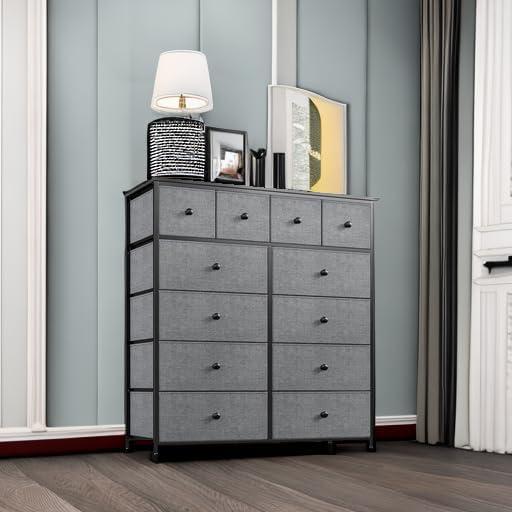 TiaGOC Dresser for Bedroom with 12 Drawers, Large Tall Dressers for Bedroom with Wooden Top and Metal Frame, Bedroom Dresser Dressers & Chests of Drawers Clearance, 40.6" W x 11.8" D x 43.7" H, Gray