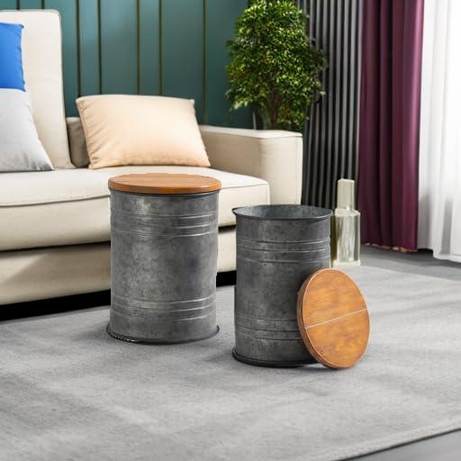 Rustic Dark Gray Metal Storage Stools with Wood Lids, Set of 2