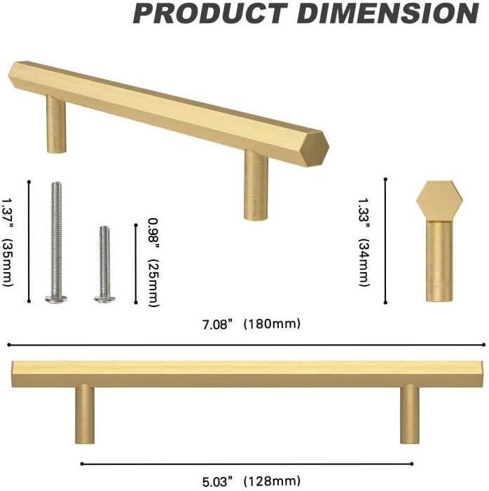 RZDEAL 4 Pcs 5 Inch Solid Brass Pull Kitchen Cabinet Handles Brushed Gold Decorative Contemporary Hexagon Bar Cabinet Pulls (Hole Centers:5.0"(128mm))