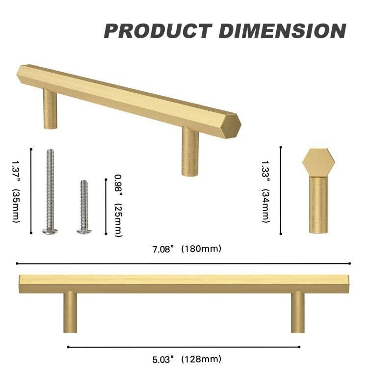 RZDEAL 4 Pcs 5 Inch Solid Brass Pull Kitchen Cabinet Handles Brushed Gold Decorative Contemporary Hexagon Bar Cabinet Pulls (Hole Centers:5.0"(128mm))