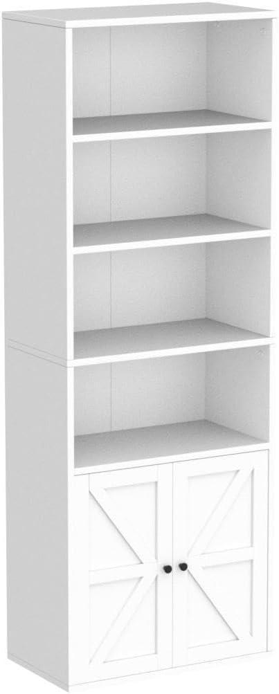 Keeomi White Bookcase with Doors Industrial Bookshelf 11.8in Depth Display Storage Shelves 71.4in Tall Farmhouse Bookcases Wooden 6 Shelf Bookshelvels for Bedroom, Living Room, Home Office, White