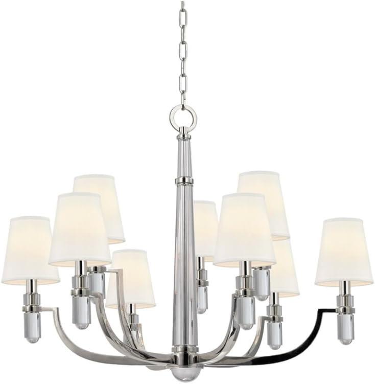 Polished Nickel and Crystal 9-Light Chandelier with Faux Silk Shades