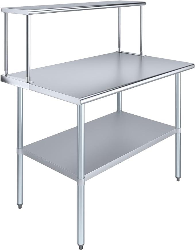 Stainless Steel Work Table with Wide Single Tier Overshelf | Metal Kitchen Prep Table & Shelving Combo (30" x 48" Work Table + 12" Overshelf)