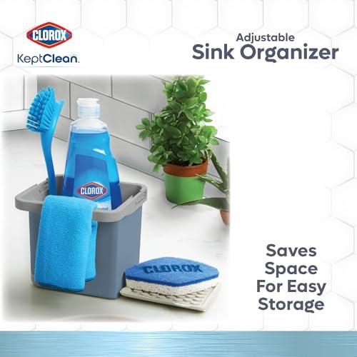 Ginsey 59360 Clorox KeptClean Kitchen Sink Organizer – Space-Saving Organization of Dish Soap, Scrub Brushes, and Dish Towels, Fold-Down Shelf for Sponges and Jewelry, Drainage Tray – Steel