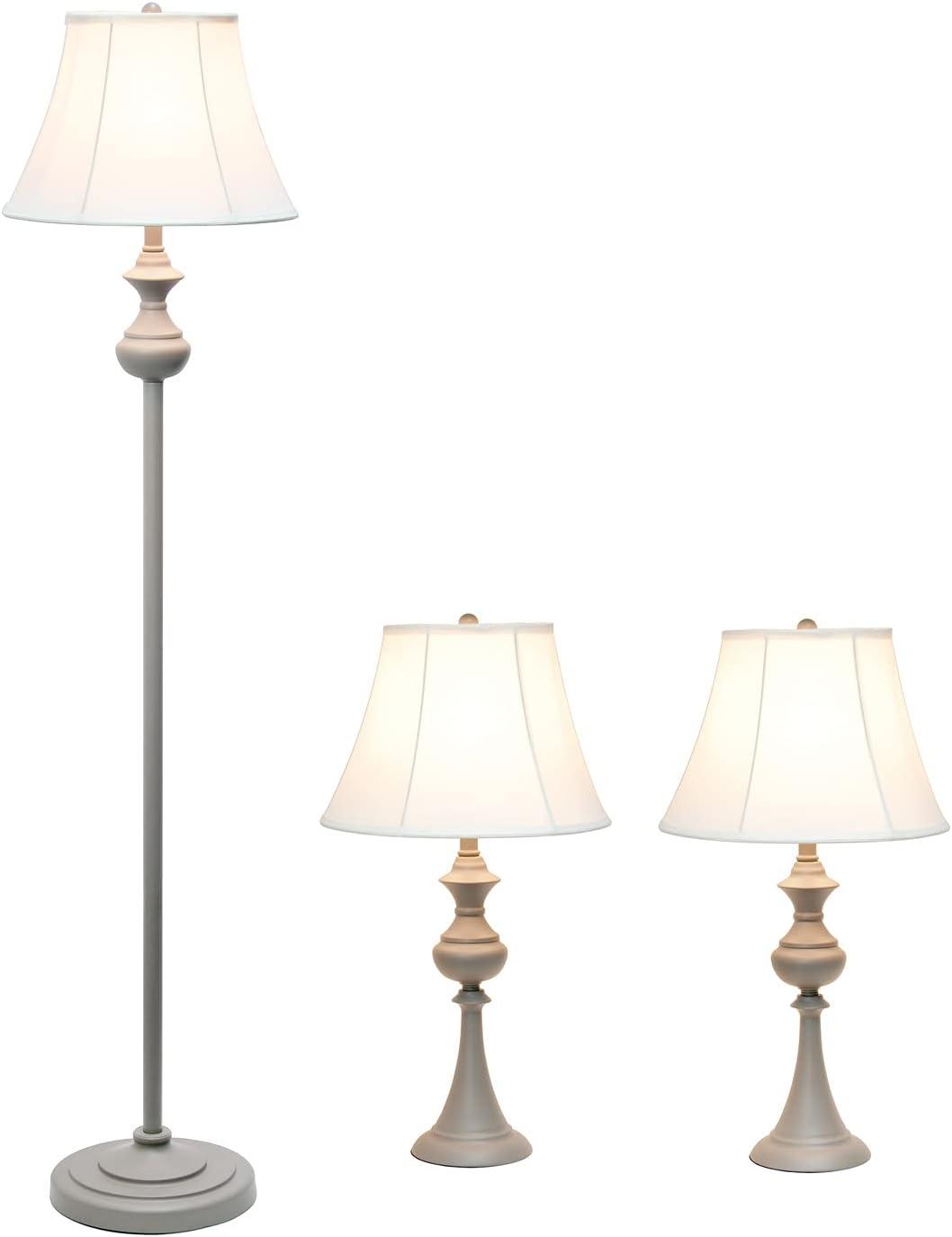 3pk Traditionally Crafted Lamp Set (2 Table Lamps and 1 Floor Lamp) with Shades Gray - Elegant Designs: UL Listed, Cotton Shades, Metal Body