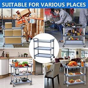 3-Tier Plastic Service Utility Cart With Wheels, Heavy Duty 3-Shelf Rolling Push Cart for Home, Restaurant, Office, Foodservice, Kitchen, Hotel, Commercial, Party - Grey