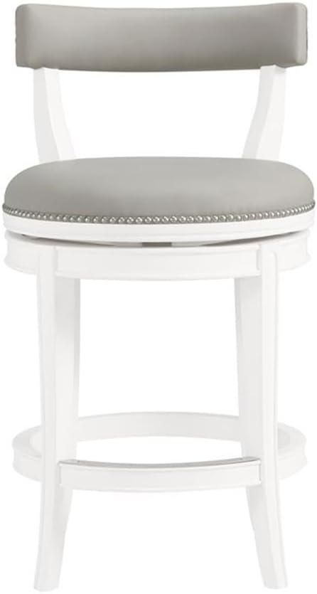 Hanover Swivel Counter Height Bar Stool, 26-Inch Seat Height, White and Gray, Solid Rubberwood Frame with Faux Leather Upholstery, Nailhead Trim, Memory Return Swivel Mechanism