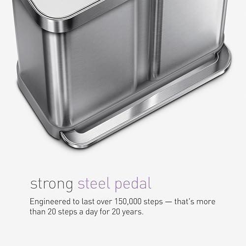 simplehuman 58L Rectangular Dual Compartment Recycling Step Trash Can Brushed Stainless Steel: Fingerprint-Resistant Garbage Can