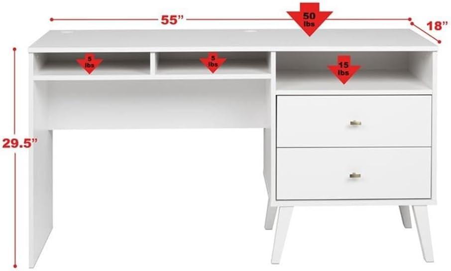 Milo Computer Desk with Side Storage and 2 Drawers White - Prepac: Mid-Century Modern, Wire Management