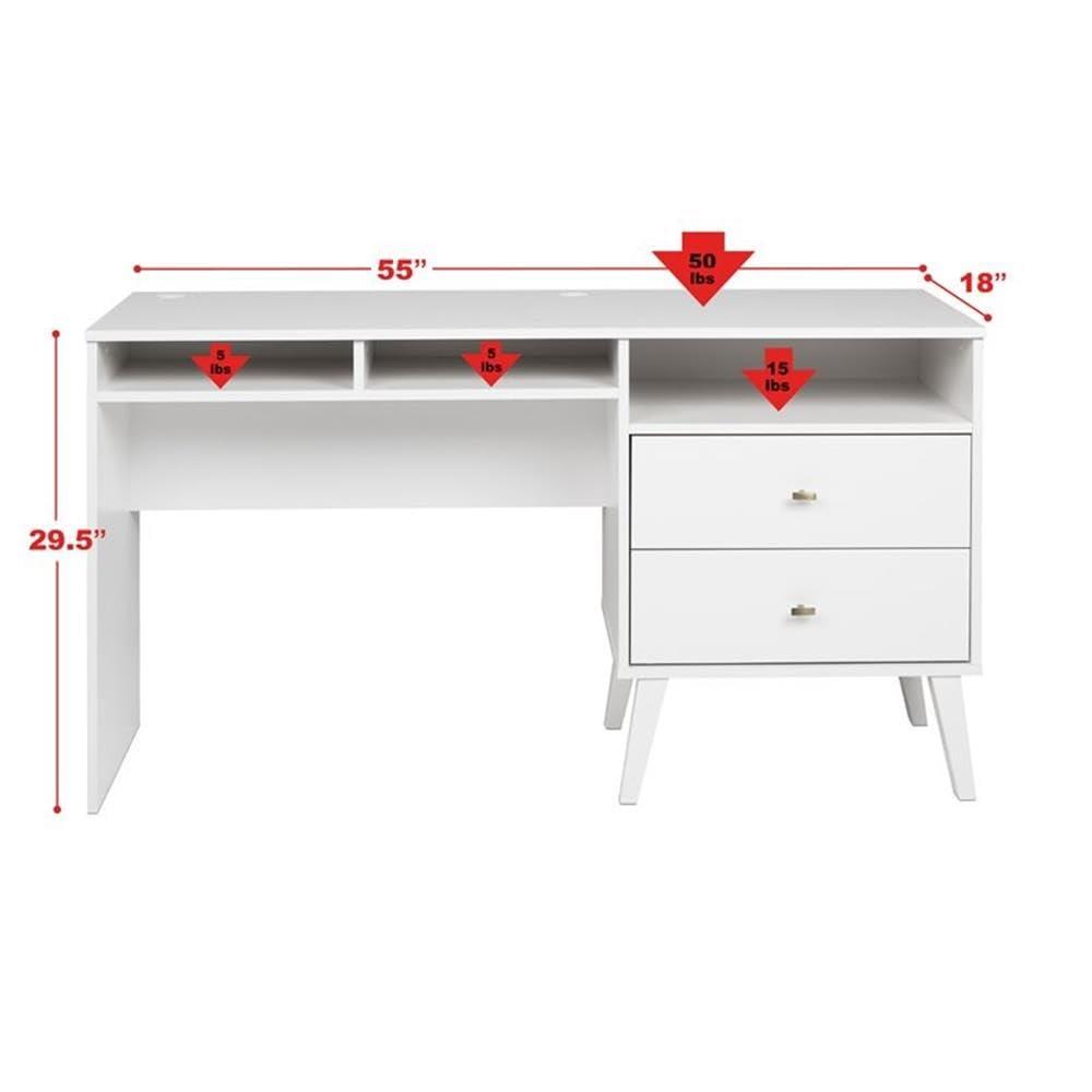 Milo Computer Desk with Side Storage and 2 Drawers White - Prepac: Mid-Century Modern, Wire Management