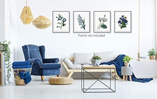 Blue Flower Canvas Wall Art Print, Vintage Floral Botanical Decor Antique Botany Poster, Blue Tone Morning Glory Water Lily Hyacinth Gentian Decorate for Office, Set of 4 ,8 X 10 In Unframed