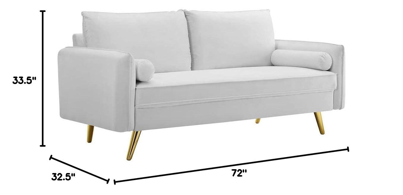 Revive Performance Velvet Sofa White - Modway: Upholstered Couch with Gold Legs & Bolster Pillows
