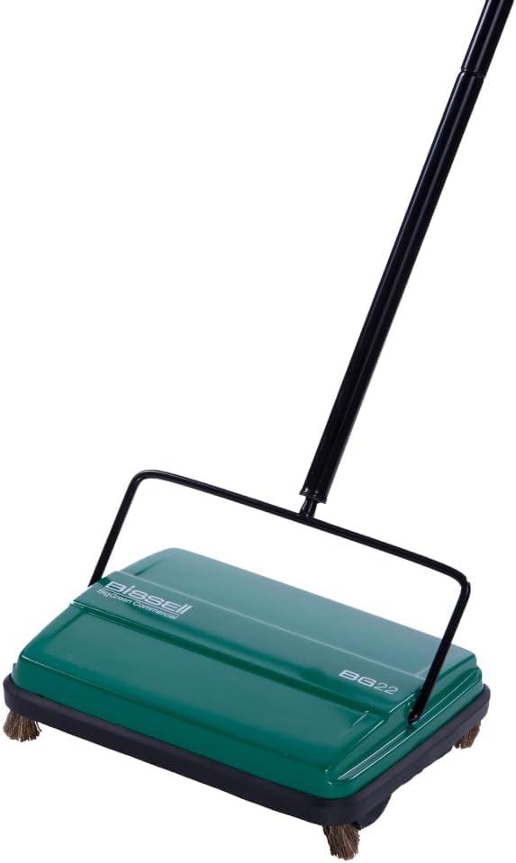 Green Manual Floor Sweeper with Dual Debris Bins