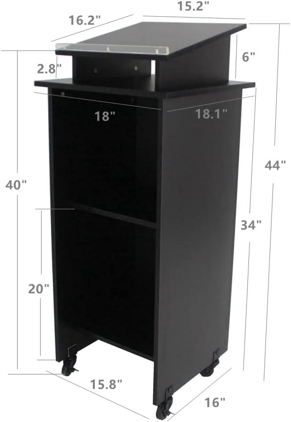 Black Wood Mobile Podium with Wheels and Storage