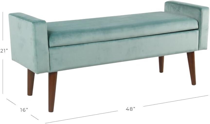 HomePop Fulton Velvet Storage Bench Aqua Blue: Mid-Century, Hinged Lid, Upholstered, Plywood Frame