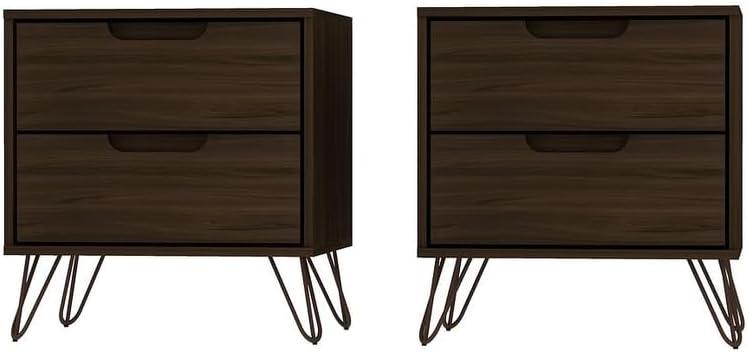 Set of 2 Rockefeller 2 Drawer Nightstands Brown - Manhattan Comfort: Mid-Century Design, Metal Legs, MDF Construction