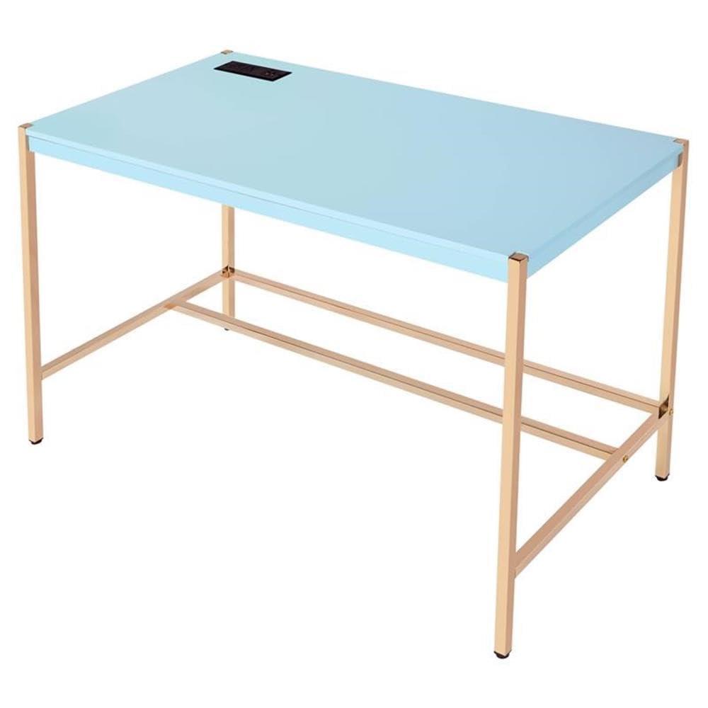 42" Midriaks Writing Desk Baby Blue/Gold Finish - Acme Furniture: Chic Office Furniture with USB Ports