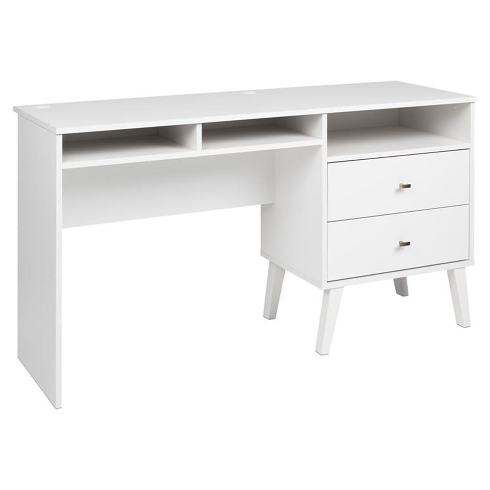 Milo Computer Desk with Side Storage and 2 Drawers White - Prepac: Mid-Century Modern, Wire Management