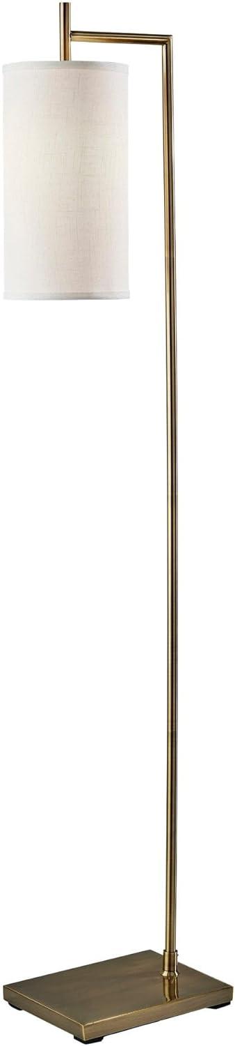 Adesso Zion Floor Lamp Antique Brass: Mid-Century Modern, White Textured Drum Shade, ETL Listed