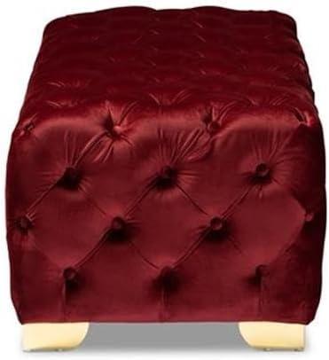 Avara Velvet Button Tufted Bench Ottoman Red - Baxton Studio: Gold Legs, Plywood Frame, Luxurious Bedroom Furniture