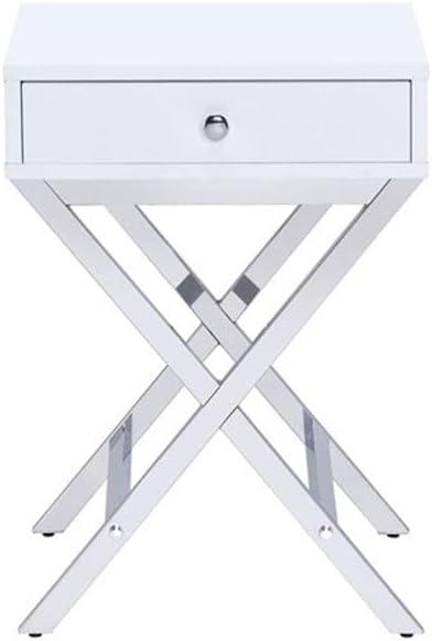 16" Coleen Accent Table White/Chrome Finish - Acme Furniture: Brass Base, Drawer Storage, No Assembly Required