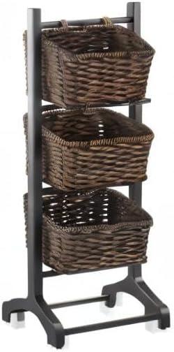 Casafield 3-Tier Floor Stand with Hanging Storage Baskets, Black/Espresso - Wood Tower Rack for Bathroom, Kitchen, Laundry, Living Room