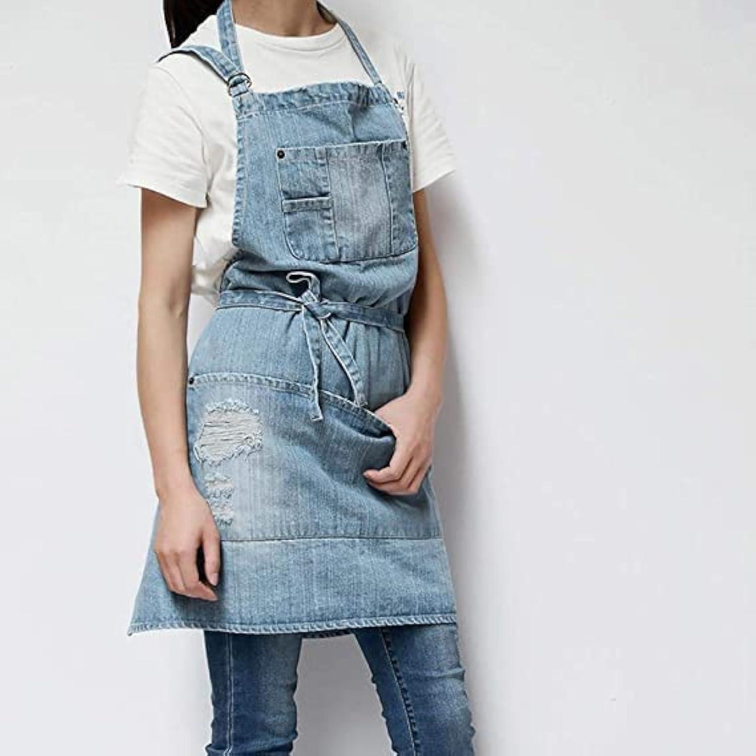 Jowcud Denim Apron With 5 Pockets for Cooking Kitchens,Hairstylist Aprons for Women Men,Adjustable Bib Jean Apron for Arts Gardening Cafes Bars Work C65