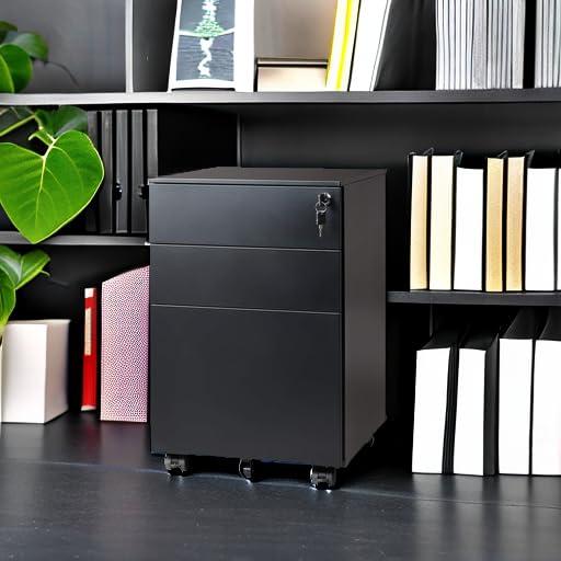 Locking File Cabinet, 3 Drawer Rolling Pedestal Under Desk Office, Fully Assembled Except Casters, Black