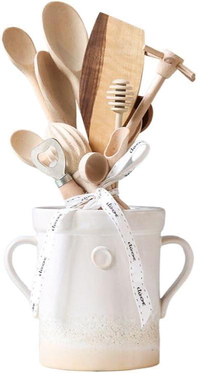 Small White Ceramic Crock with Wooden Utensils Set