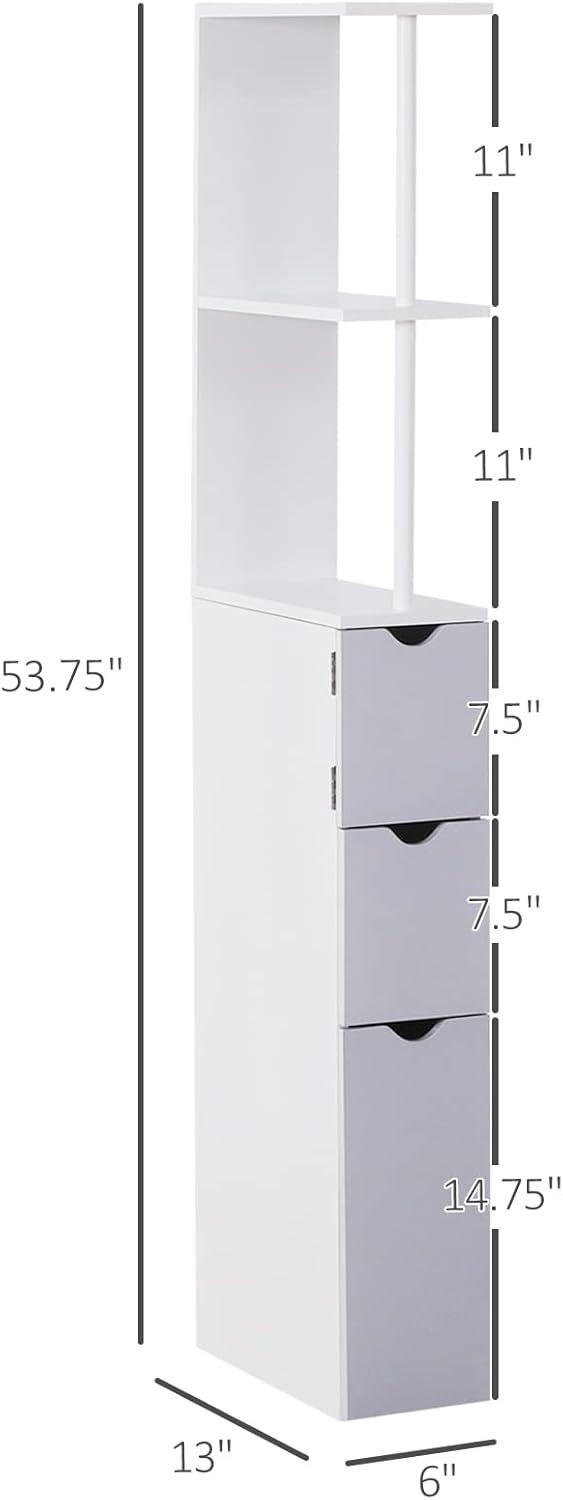 HOMCOM 54" Tall Bathroom Storage Cabinet, Freestanding Linen Tower with 2-Tier Shelf and Drawers, Narrow Side Floor Organizer, White