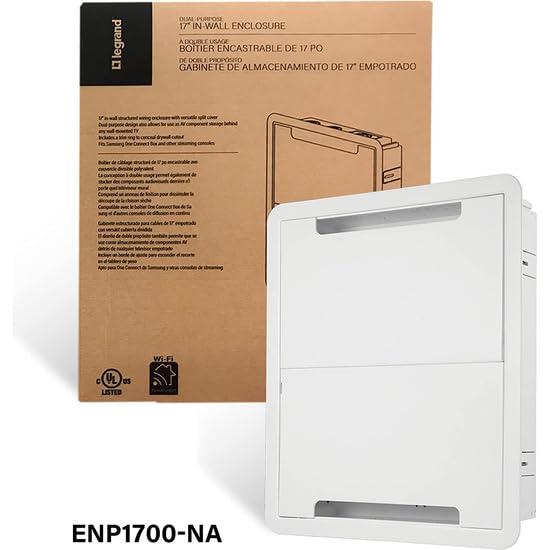 Legrand - OnQ 17 Inch Media Enclosure, Electrical Box, Cable Management Box Dual Purpose In Wall Enclosure for TV Device Storage and Media Distribution, Recessed Media Box, White, ENP1700NA