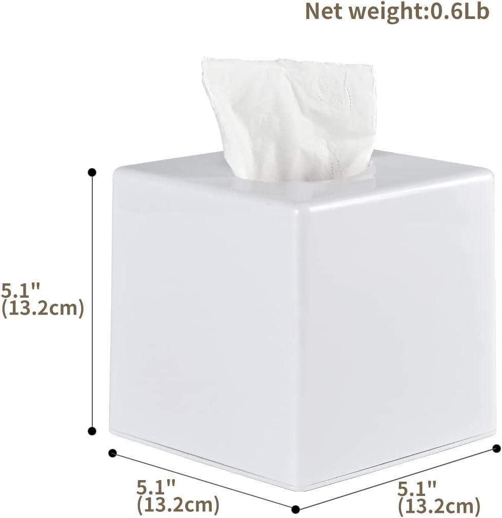 White Tissue Box Cover Square - Plastic Facial Tissue Box Holder - Decorative Cube Tissue Holder Dispenser Fits Any Vanity Countertop, Bedroom Dresser, Office, Bathroom Decor C33